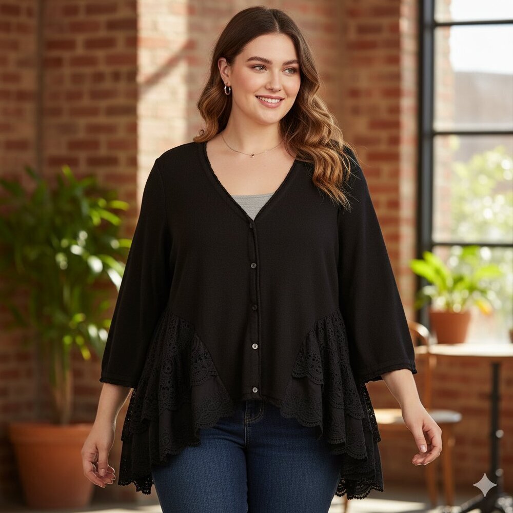 Soft Surroundings Women's 1X Black Knit Tiered Lace Bottom Hem Boho Cardigan